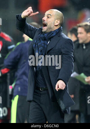 Barcelona's coach Josep Guardiola reacts during the Champions League round of sixteen first leg soccer match between Bayer Leverkusen and FC Barcelona at the BayArena in Leverkusen, Germany, 14 February 2012. Photo: Roland Weihrauch dpa/lnw Stock Photo