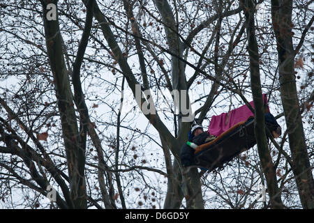 An opponent of the controversial railway project Stuttgart 21 has squatted a tree and observes the eviction of parts of a protest camp against Stuttgart 21 by the police at the Schlosspark (castle gardens) in Stuttgart, Germany, 15 February 2012. The Deutsche Bahn plans to fell trees in the coming days to proceed with construction works for the railway project. Photo: Uwe Anspach Stock Photo