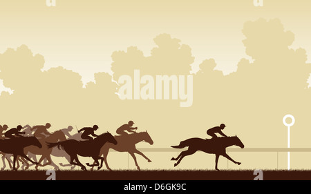 Illustration of a horse race with one horse and jockey about to win Stock Photo