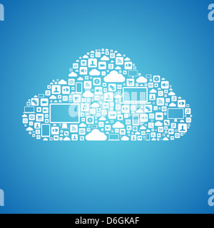 Abstract concept of cloud computing with many graphic icons which form a cloud shape. Isolated on blue background Stock Photo