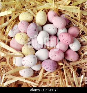 Colourful chocolate mini eggs resting in straw Stock Photo