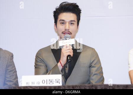 Lee Dong-wook, Song Ji Hyo, Ji-young Park and Seul-ong Im at press conference of KBS drama Preallotment on Wednesday April 17, 2013 in Seoul, South Korea. Stock Photo