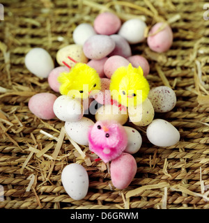 Multicoloured mini eggs with decorative Easter chicks Stock Photo
