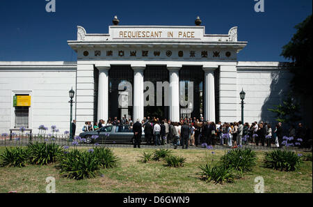 FILE - A file photo dated 04 December 2008 shows people arriving for a funeral at the cemetery La Recoleta in Buenos Aires, Argentina. The famous cemetery contains the graves of notable people, including Eva Peron, Raul Alfonsin, and several presidents of Argentina. Photo: Jan Woitas Stock Photo