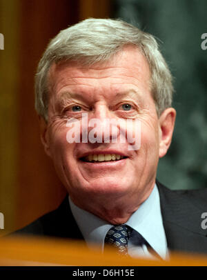 United States Senator Max Baucus (Democrat of Montana), Chairman, U.S. Senate Finance Committee listens to the testimony U.S. Secretary of Health and Human Services (HHS) Kathleen Sebelius during a hearing on the agency's FY 2013 budget proposal on Capitol Hill in Washington, D.C. on Wednesday, February 15, 2012..Credit: Ron Sachs / CNP Stock Photo