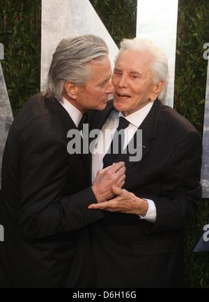 US actor Michael Douglas (L) and his father Kirk Douglas attend the 2012 Vanity Fair Oscar Party at Sunset Tower in Los Angeles, USA, 26 Februar 2012. Photo: Hubert Boesl Stock Photo