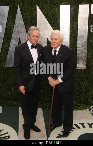 US actor Michael Douglas (L) and his father Kirk Douglas attend the 2012 Vanity Fair Oscar Party at Sunset Tower in Los Angeles, USA, 26 Februar 2012. Photo: Hubert Boesl Stock Photo