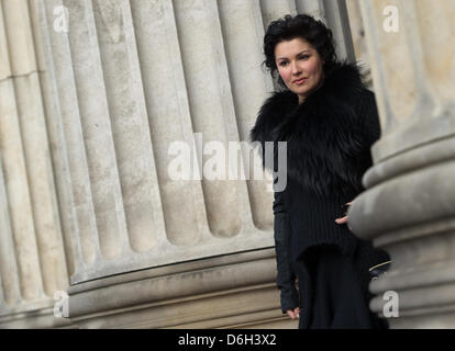 Russian soprano Anna Netrebko poses in front of the kurhaus after a press conference in Wiesbaden, Germany, 01 March 2012. The world star of classical music will perform an open air concert with her partner E. Schrott at the Bowling Green in Wiesbaden on 09 June 2012. Photo: ARNE DEDERT Stock Photo