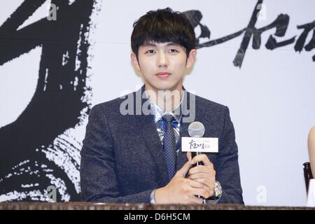 Lee Dong-wook, Song Ji Hyo, Ji-young Park and Seul-ong Im at press conference of KBS drama Preallotment on Wednesday April 17, 2013 in Seoul, South Korea. Stock Photo