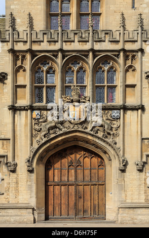 Oxford Oxfordshire England UK. Brasenose College with coat of arms above the entrance door in tower designed by Thomas G Jackson Stock Photo