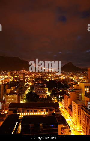 Cape Town CBD, Table Mountain, and Lion's Head at dusk, Cape Town, South Africa Stock Photo