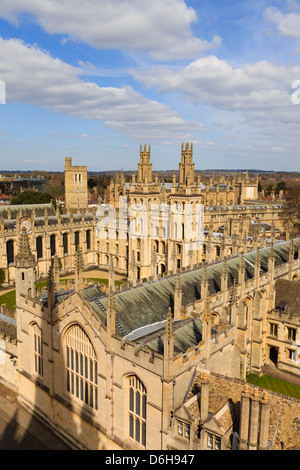 Oxford, Oxfordshire, England, UK. High view of All Souls College with Hawksmoor towers overlooking the quadrangle