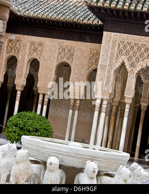 Patio of the Lions marble and alabaster fountains and columns Alhambra Palace UNESCO world heritage site Granada Andalusia Spain Stock Photo