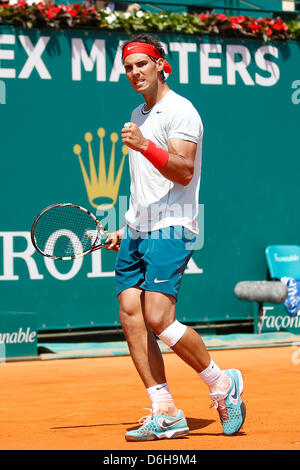 MONTE CARLO, MONACO - APRIL 18: Rafael Nadal of Spain in action during the third round match against Philipp Kohlschreiber of Germany (not pictured) on day four of the ATP Monte Carlo Masters, at Monte-Carlo Sporting Club on April 18, 2013 in Monte-Carlo, Monaco. (Photo by Mitchell Gunn/ESPA) Stock Photo