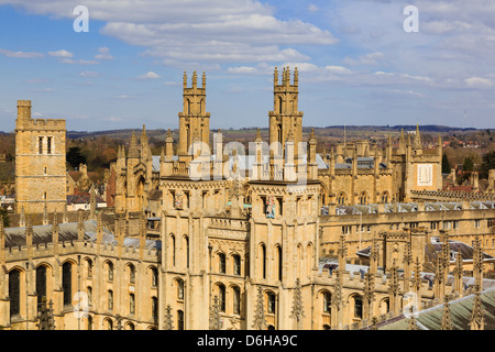 High view of Hawksmoor towers of All Souls College, the all fellows university. Oxford, Oxfordshire, England, UK, Britain Stock Photo