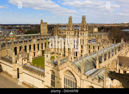 High view of All Souls College with Hawksmoor towers overlooking the quadrangle. Oxford, Oxfordshire, England, UK, Great Britain