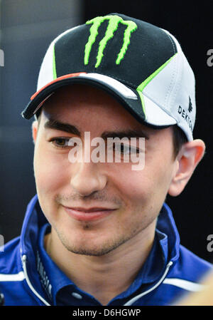 Austin, Texas, USA. 18th April, 2013. Jorge Lorenzo #99 of Yamaha Factory Racing speaks ot the media at the conclusion of pre event press conference at Circuit of the Americas in Austin, TX. Stock Photo