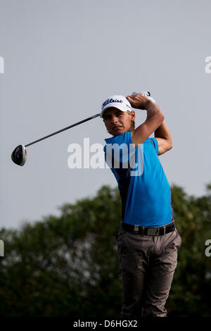 Valencia, Spain. 18th April, 2013. Joakim Lagergren tees off on the 5th hole  during day one, first round of the Open de Espana at Parador de El Saler on April 18, 2013 in Valencia, Spain Stock Photo
