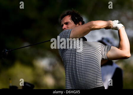 Valencia, Spain. 18th April, 2013. Matteo Delpodio tees off on the first hole  during day one, of the Open de Espana at Parador de El Saler on April 18, 2013 in Valencia, Spain Stock Photo