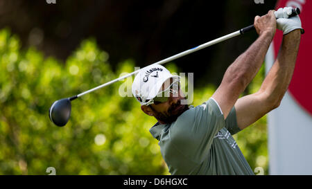 Valencia, Spain. 18th April, 2013. Alvaro Quiros tees off  on hole 5 during day one, first round of the Open de Espana at Parador de El Saler on April 18, 2013 in Valencia, Spain Stock Photo