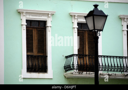 Colorful green building in Old San Juan, Puerto Rico Stock Photo