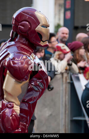 London, UK. 18th April 2013. Iron Man attends the UK premiere of Iron Man 3 at the Odeon Leicester Square. Credit: Pete Maclaine/Alamy Live News Stock Photo