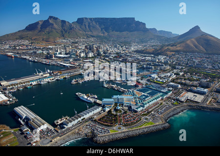 The Table Bay Hotel, V & A Waterfront, CBD, and Table Mountain, Cape Town, South Africa - aerial Stock Photo