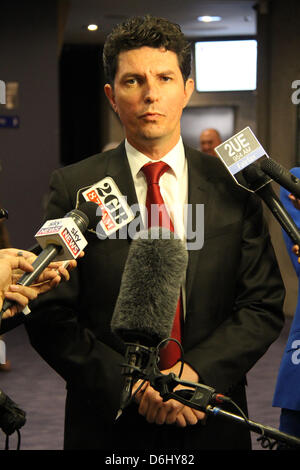 66 Goulburn Street, Sydney, NSW, Australia. 19 April 2013. Greens communications spokesperson Senator Scott Ludlam addresses the media outside the National Broadband Network (NBN) hearing. Credit: Credit:  Richard Milnes / Alamy Live News. Stock Photo