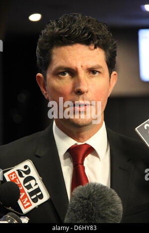 66 Goulburn Street, Sydney, NSW, Australia. 19 April 2013. Greens communications spokesperson Senator Scott Ludlam addresses the media outside the National Broadband Network (NBN) hearing. Credit: Credit:  Richard Milnes / Alamy Live News. Stock Photo