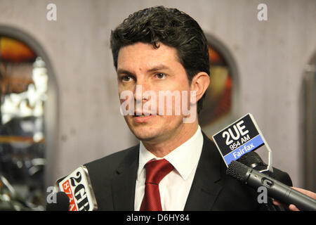 66 Goulburn Street, Sydney, NSW, Australia. 19 April 2013. Greens communications spokesperson Senator Scott Ludlam addresses the media outside the National Broadband Network (NBN) hearing. Credit: Credit:  Richard Milnes / Alamy Live News. Stock Photo