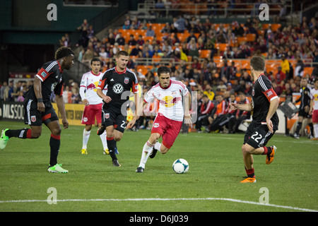 April 13th 2013 NY4 New York Red Bulls Fabio Espinola (9) takes the ball toward Korb (22). Stock Photo