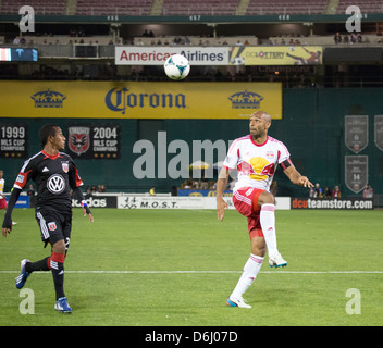 April 13th 2013 NY4 New York Red Bulls Forward Thierry Henry (14) Henry eyes the ball and sets to control it. Stock Photo