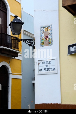 Lamp post and street signs in Old San Juan, Puerto Rico Stock Photo