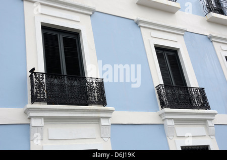 Colorful blue building and windows in Old San Juan, Puerto Rico Stock Photo