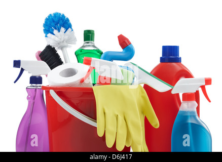 variety of cleaning products against white background Stock Photo