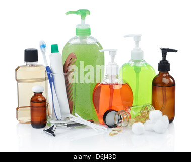 assorted personal hygiene products on white background Stock Photo