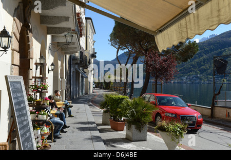 Lugano, Switzerland, and waterfront cafe in Morcote on Lake Lugano Stock Photo