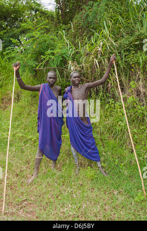 Two Surma men with scarification, Tulgit, Omo River Valley, Ethiopia, Africa Stock Photo