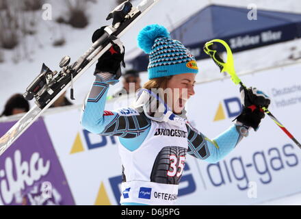 US skier Resi Stiegler celebrates her second place in the women's slalom event at the Alpine Skiing World Cup in Ofterschwang, Germany, 04 March 2012. Photo: Stephan Jansen Stock Photo