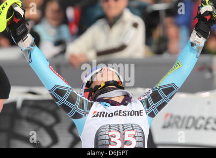 US skier Resi Stiegler celebrates her second place in the women's slalom event at the Alpine Skiing World Cup in Ofterschwang, Germany, 04 March 2012. Photo: Stephan Jansen Stock Photo