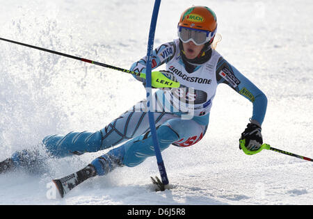 US skier Resi Stiegler competes in the second run of the women's slalom event at the Alpine Skiing World Cup in Ofterschwang, Germany, 04 March 2012. She finished in second place. Photo: Karl-Josef Hildenbrand Stock Photo