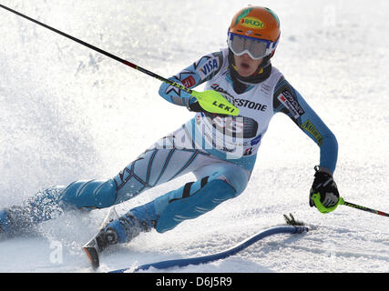 US skier Resi Stiegler competes in the second run of the women's slalom event at the Alpine Skiing World Cup in Ofterschwang, Germany, 04 March 2012. She finished in second place. Photo: Karl-Josef Hildenbrand Stock Photo
