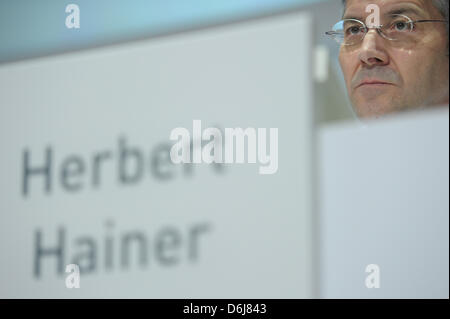 CEO of adidas AG Herbert Hainer attends a press conference on the company's annual results in Herzogenaurach, Germany, 07 March 2012. The sports goods business is booming, and adidas is reaping the profits. 2011 was a record year for the company, regarding both turnover and profits. Photo: DAVID EBENER Stock Photo