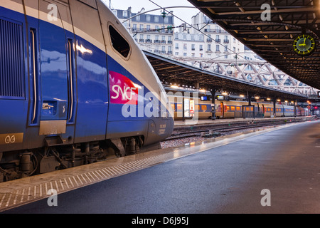 A TGV awaits departure at Gare de l'Est in Paris, France, Europe Stock Photo