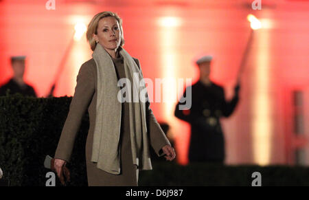 Bettina Wulff, wife od former German President Christian Wulff, arrives in front of Bellevue Palace for the Grand Tattoo for her husband in Berlin, Germany, 08 March 2012. Wulff resigned on 17 February 2012 after accusations of taking personal advantages during his time as Premier of Lower Saxony. Photo: Wolfgang Kumm Stock Photo