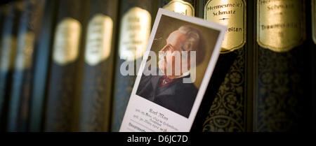 A bookmark with the portrait of Karl May is pictured at the Karl May Museum is pictured in Radebeul, Germany, 22 February 2012. Photo: Martin Foerster Stock Photo