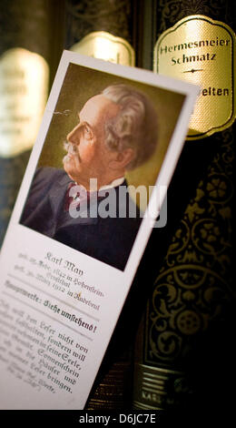 A bookmark with the portrait of Karl May is pictured at the Karl May Museum is pictured in Radebeul, Germany, 22 February 2012. Photo: Martin Foerster Stock Photo