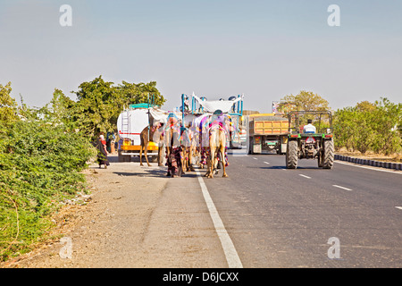 Ahmedabad Road in Gujarat India of typical congestion on India highways of users moving at different speeds and agendas Stock Photo
