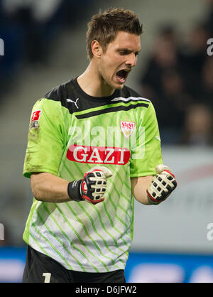 Stuttgart's goalkeeper Sven Ulreich cheers after the German Bundesliga soccer match between TSG 1899 Hoffenheim and VfB Stuttgart at the Rhein-Neckar-Arena in Sinsheim, Germany, 16 March 2012. Photo: Uwe Anspach Stock Photo