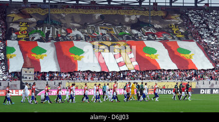 Augsburg's fans execute a choreography during the Bundesliga match FC Augsburg versus  1.FSV Mainz 05 at SGL-Arena in Augsburg, Germany, 17 March 2012. Augsburg won 2-1. Photo: Stefan Puchner Stock Photo